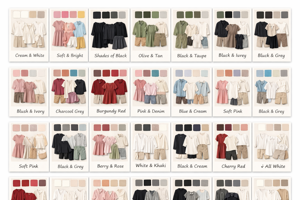 Coordinated family outfit color palette guide featuring matching clothing sets in neutral tones like cream, black, pink, and sage green.