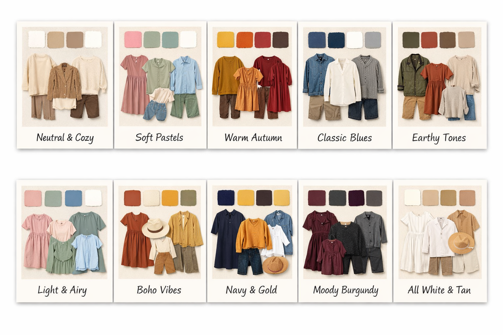 Ten coordinated family outfit color palette options including neutral, pastel, warm autumn, classic blues, and burgundy tones.