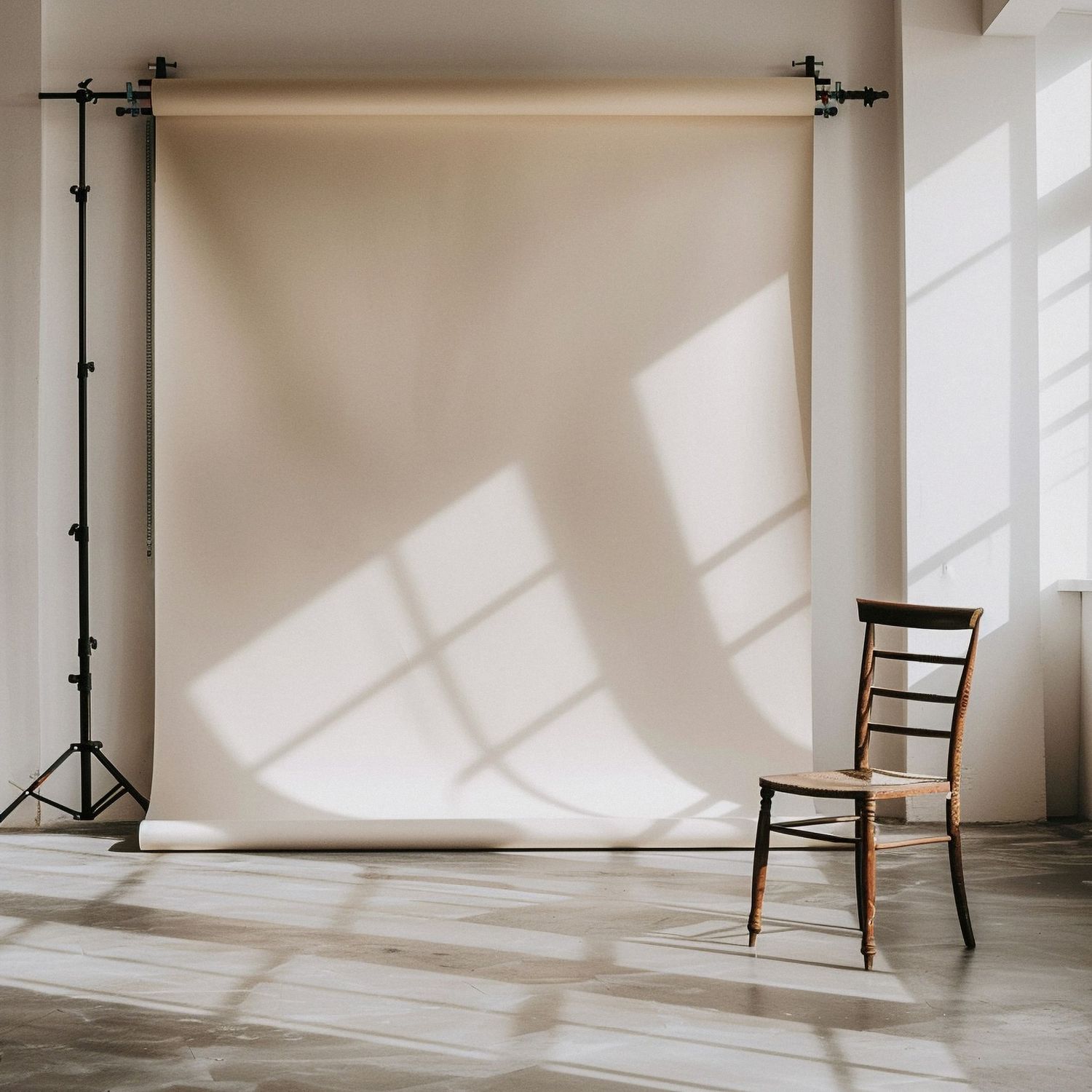 A minimalist photography studio with a beige backdrop on stands, a wooden chair, and soft natural window light shadows.