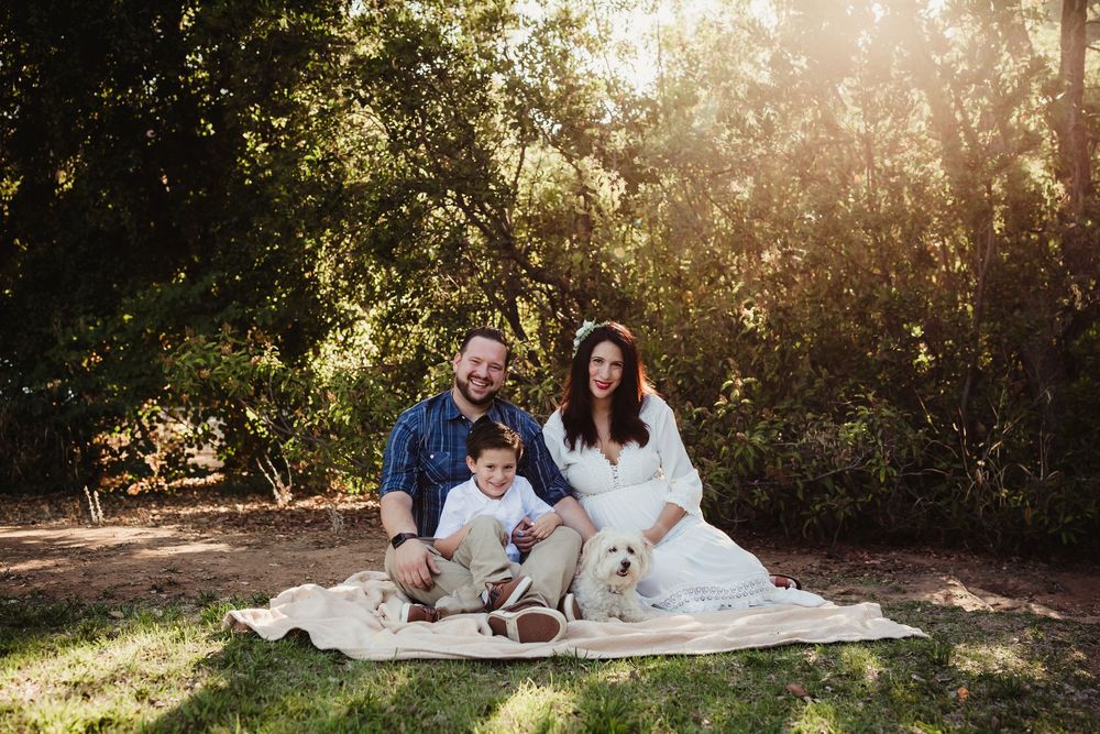 Family of three with two white dogs sitting on a blanket outdoors for a maternity photo session with heidi grace photo