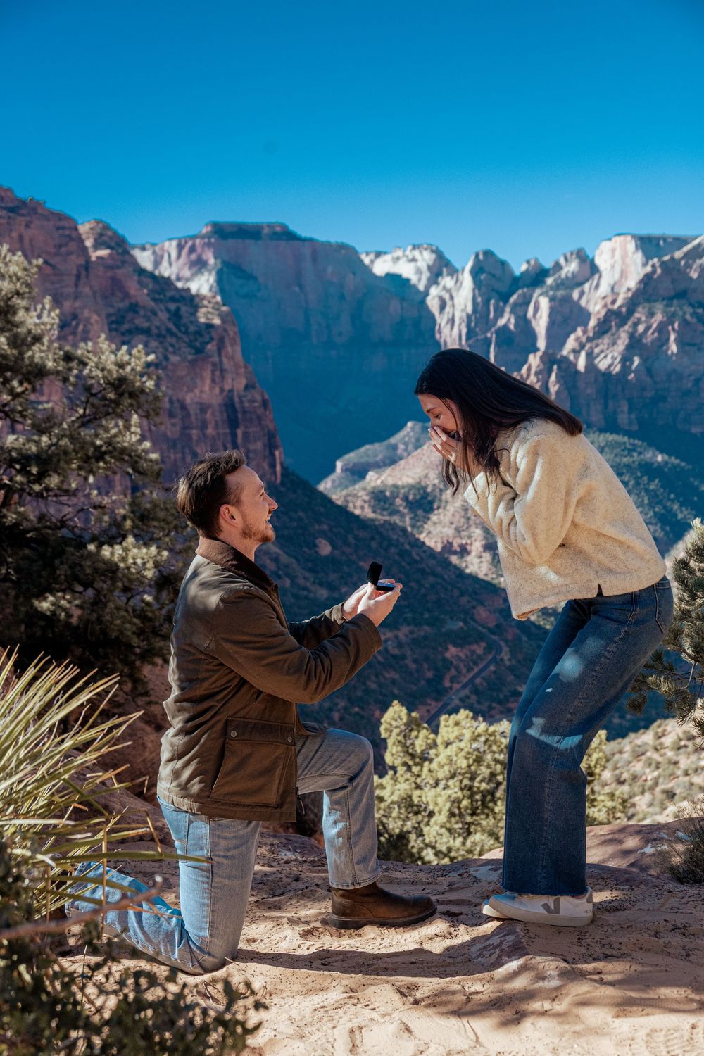 Man proposes on one knee at Zion National Park overlook with stunning canyon views behind them.