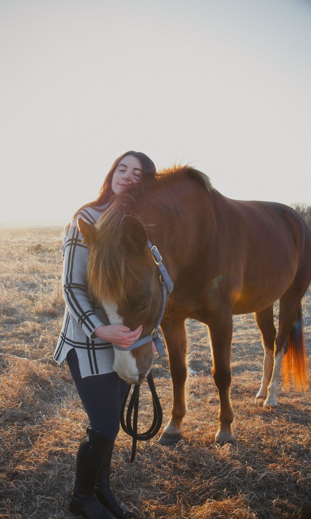 Young woman with red hair embracing a chestnut horse in a golden sunlit field during sunset.
