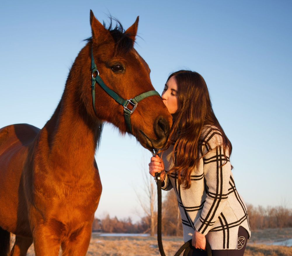 Young woman in plaid sweater kissing a chestnut brown horse wearing a green halter outdoors in winter.