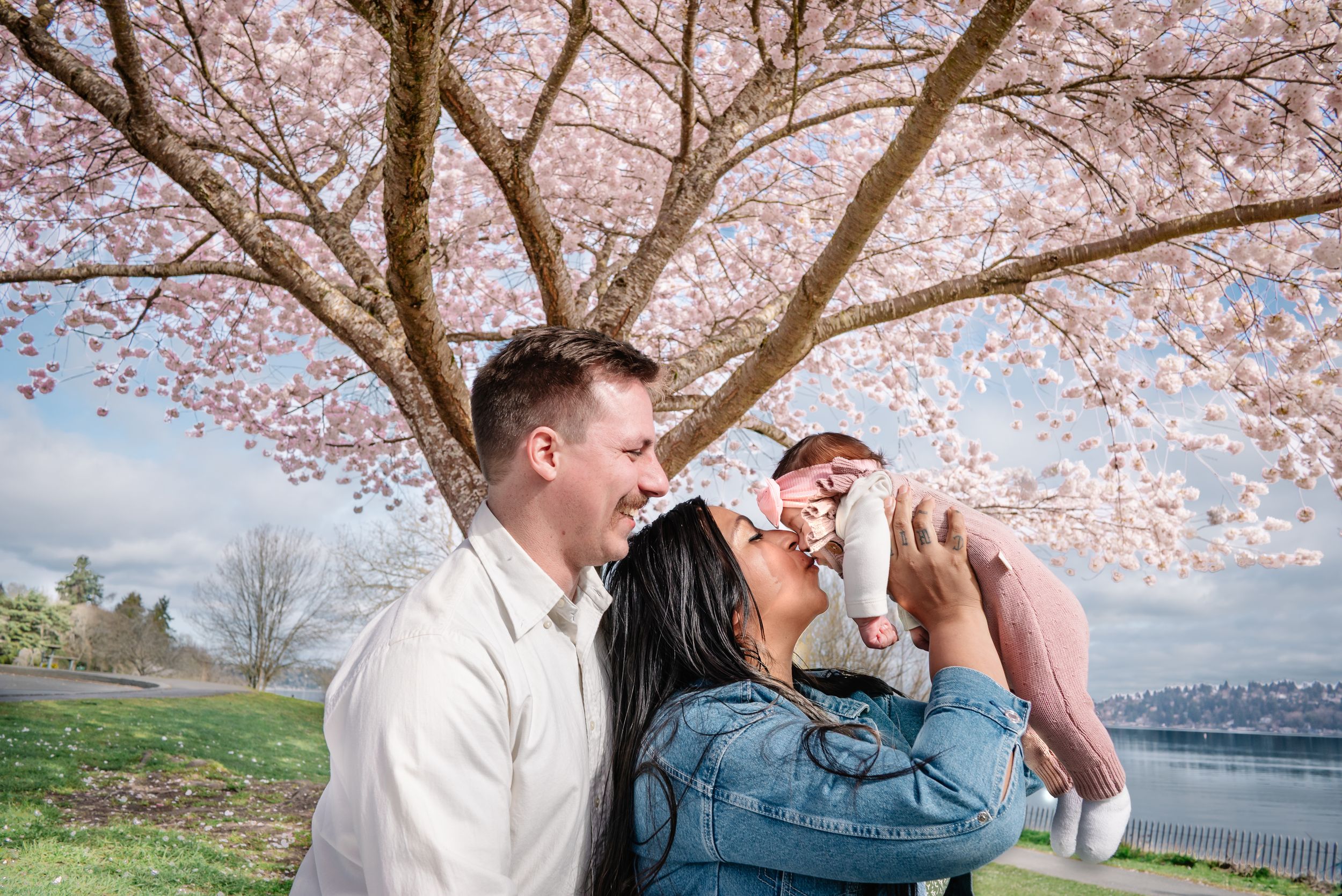 Family photo under large cherry blossom tree in Seattle, near Seward Park on Lake Washington.