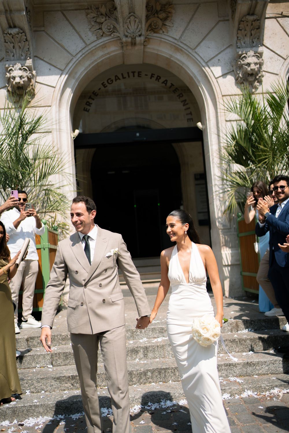 Paris wedding ceremony cinematic photo, paris civil ceremony wedding photos, bride in halter dress, civil ceremony outfits