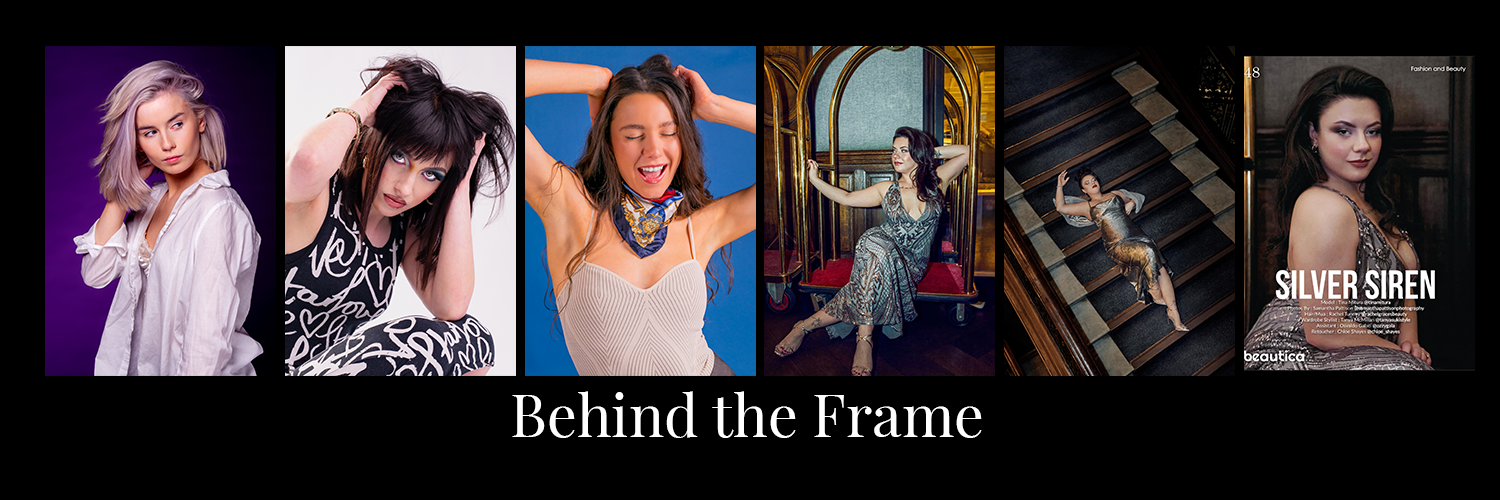 A collage of five professional photos of women posing, with the text Behind the Frame displayed below.