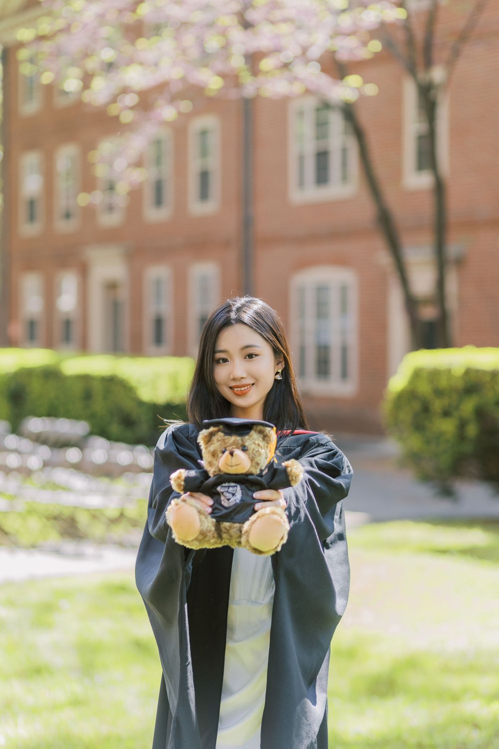 Harvard Graduate in academic gown holds a teddy bear in graduation cap outdoors near a brick building with cherry blossoms.