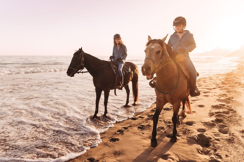 Two riders on horseback along a sunny beach shoreline at golden hour with ocean waves.