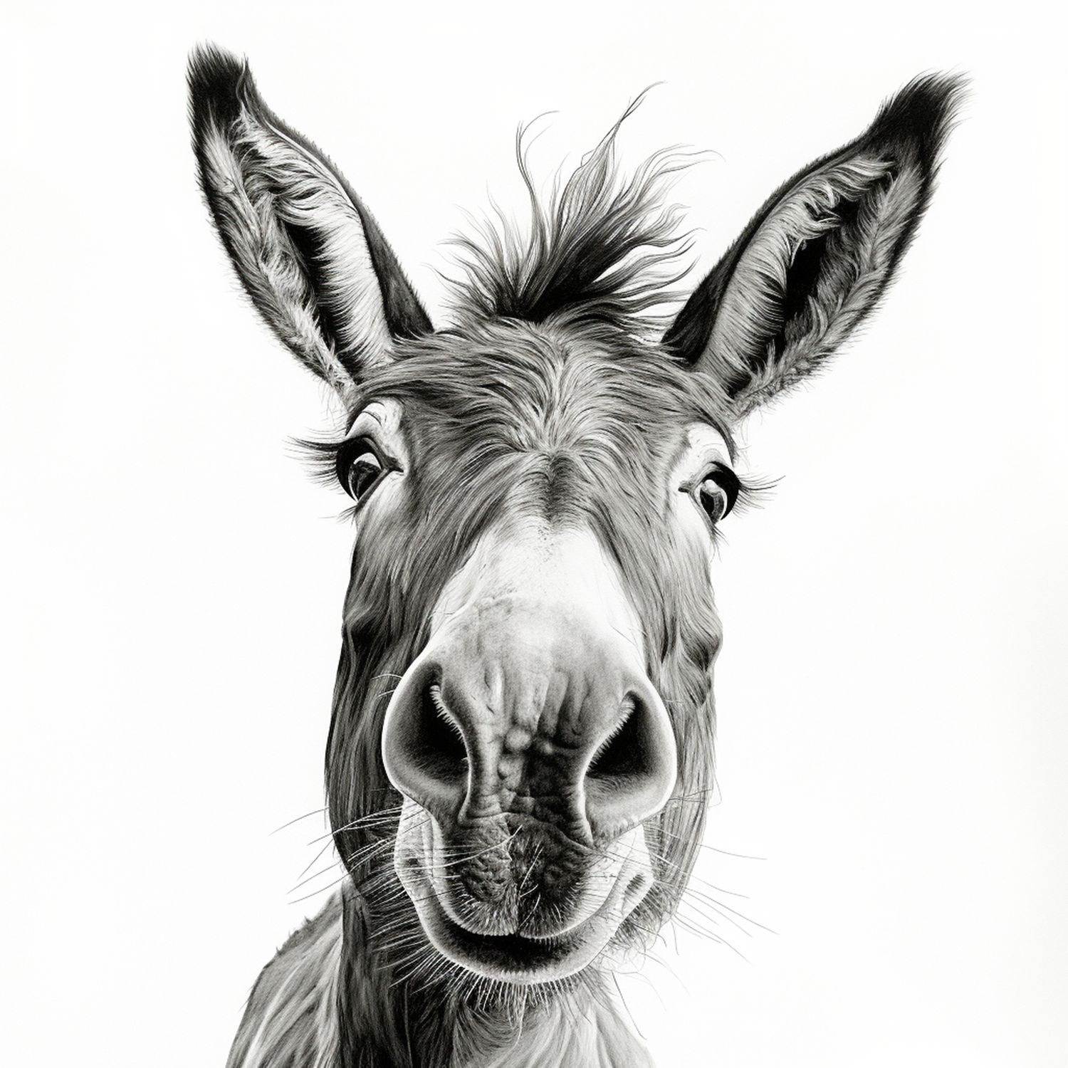 Detailed black and white pencil drawing of a donkey face with large ears and expressive eyes.