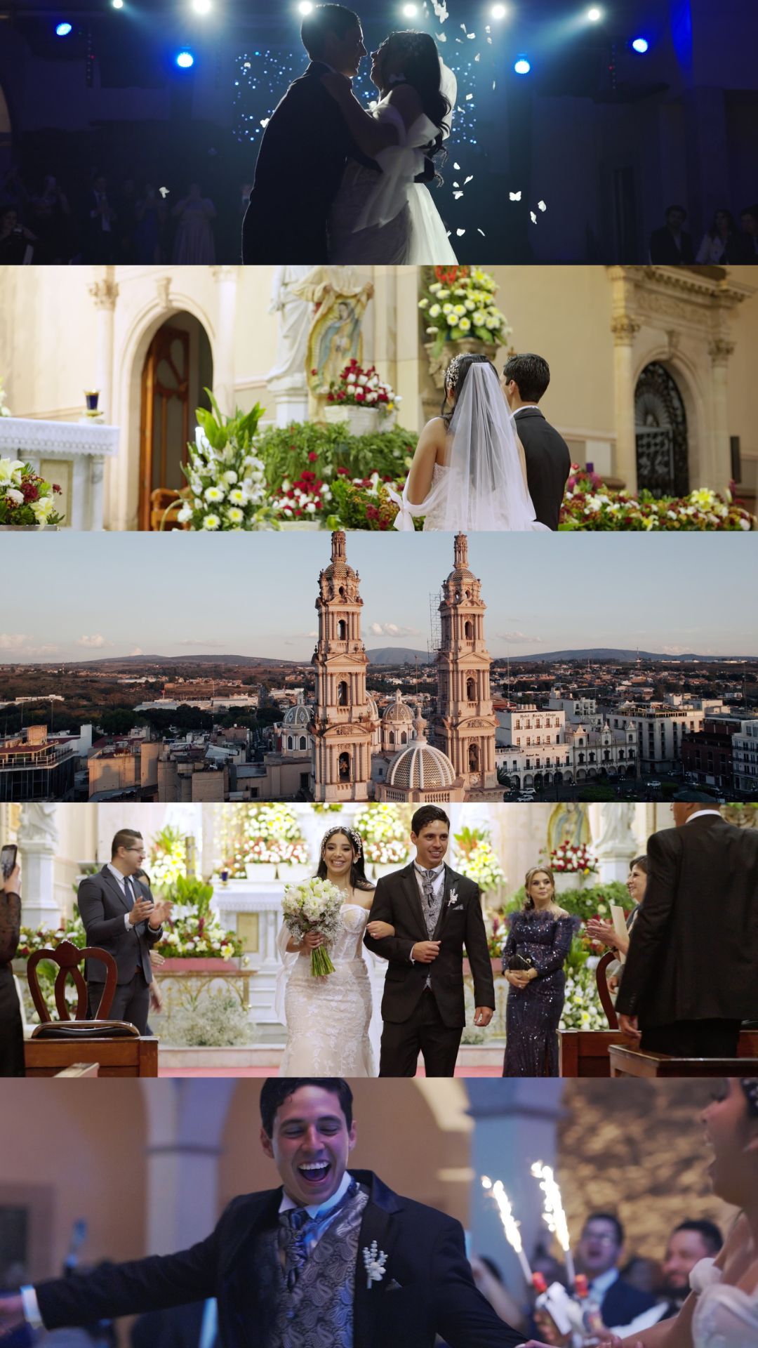 Wedding celebration collage showing venue, reception and party moments.