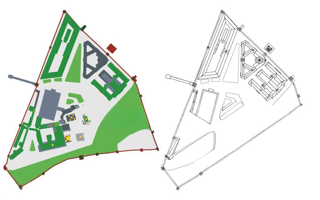 Colorful architectural site plan map showing building layouts, green spaces, and pathways alongside a black and white technical drawing.