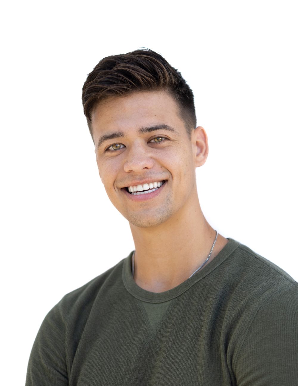Portrait series of person in olive green sweater against white background.