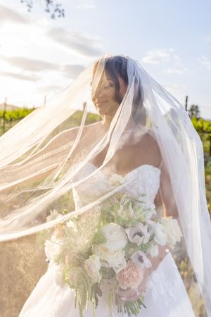 Sunlit portrait of bride with flowing veil holding white and pink bouquet.