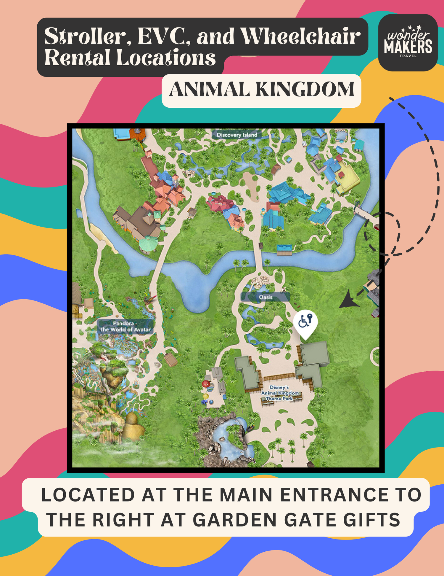Map showing rental locations at Animal Kingdom's main entrance and Garden Gate Gifts area.