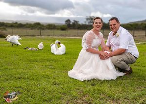 A wedding couple kneels on green grass with white chickens wandering in the background under cloudy skies.