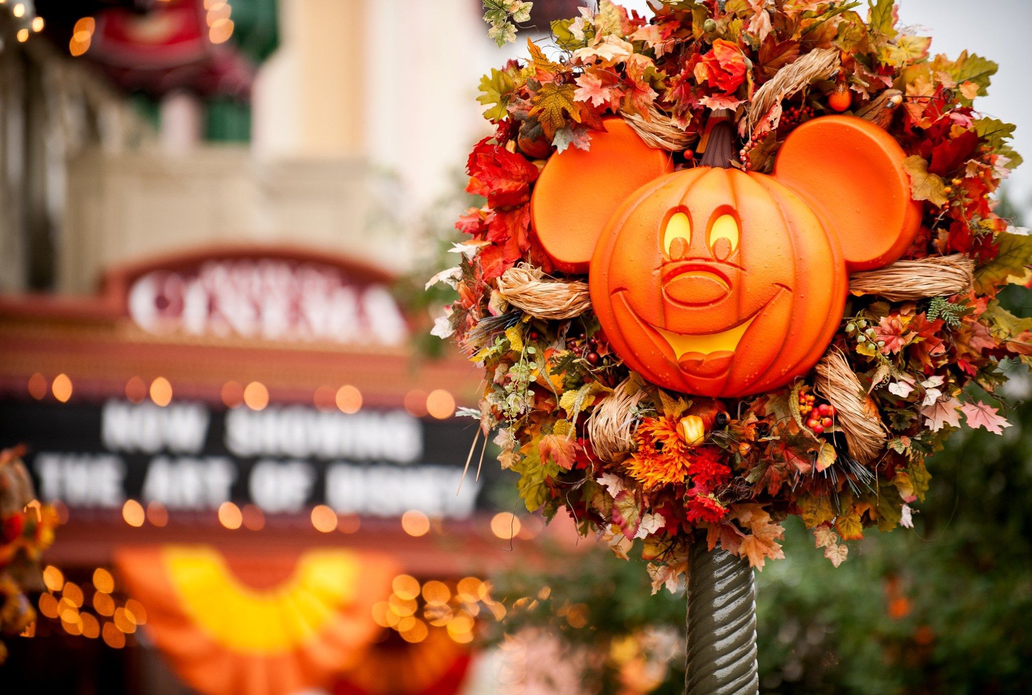 Decorative fall arrangement featuring orange Mickey Mouse pumpkin heads and autumn foliage at Disney theme park.