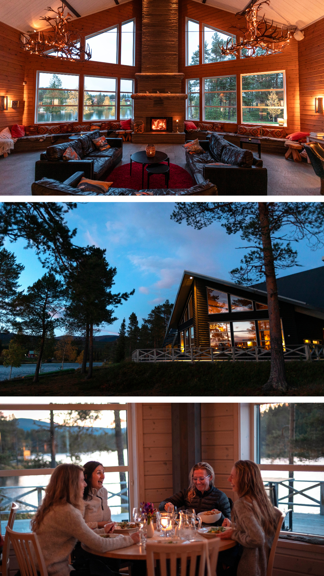 Cozy Nordic lodge collage showing fireplace lounge, A-frame exterior, and lakeside dining.