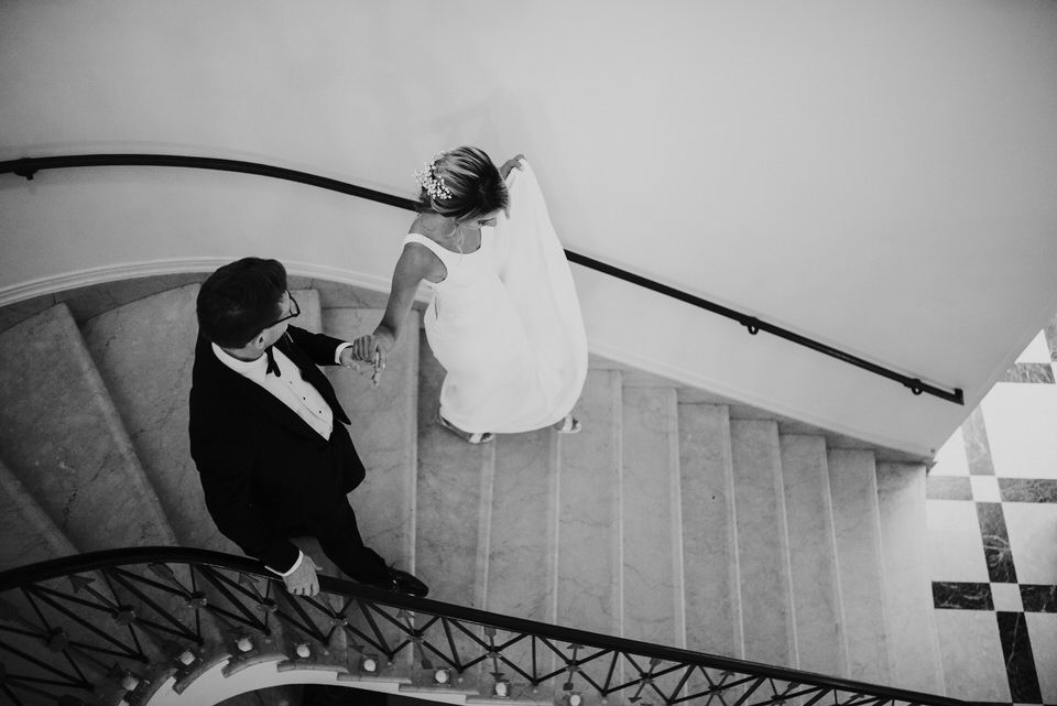 Black and white photograph of a wedding couple in Banff