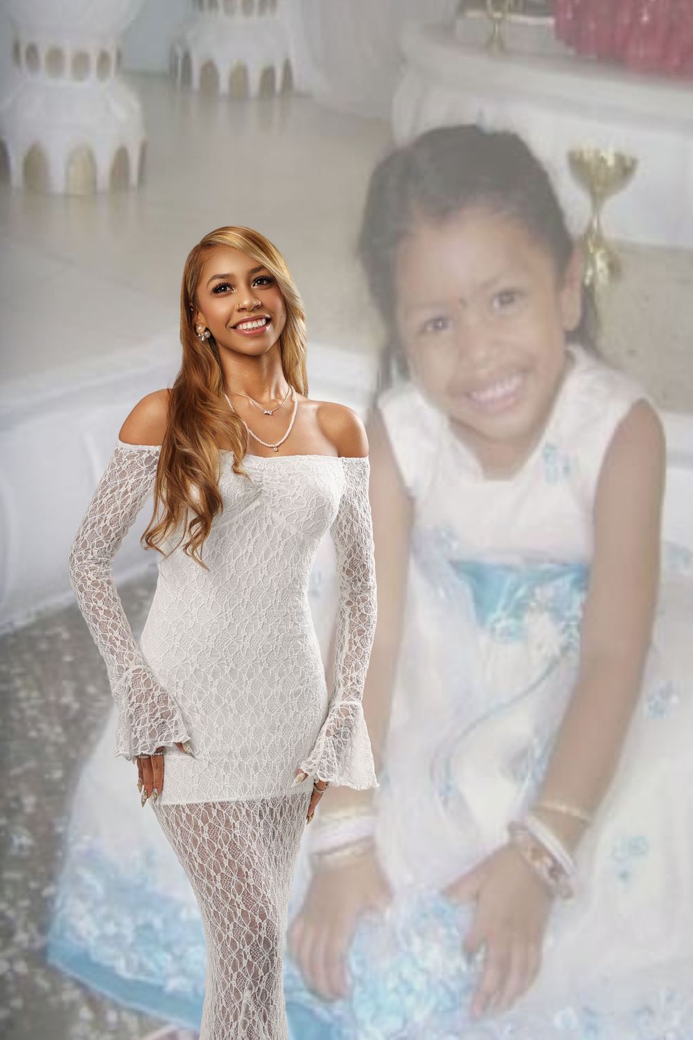 A woman in a white lace dress poses alongside two children wearing blue and white outfits.