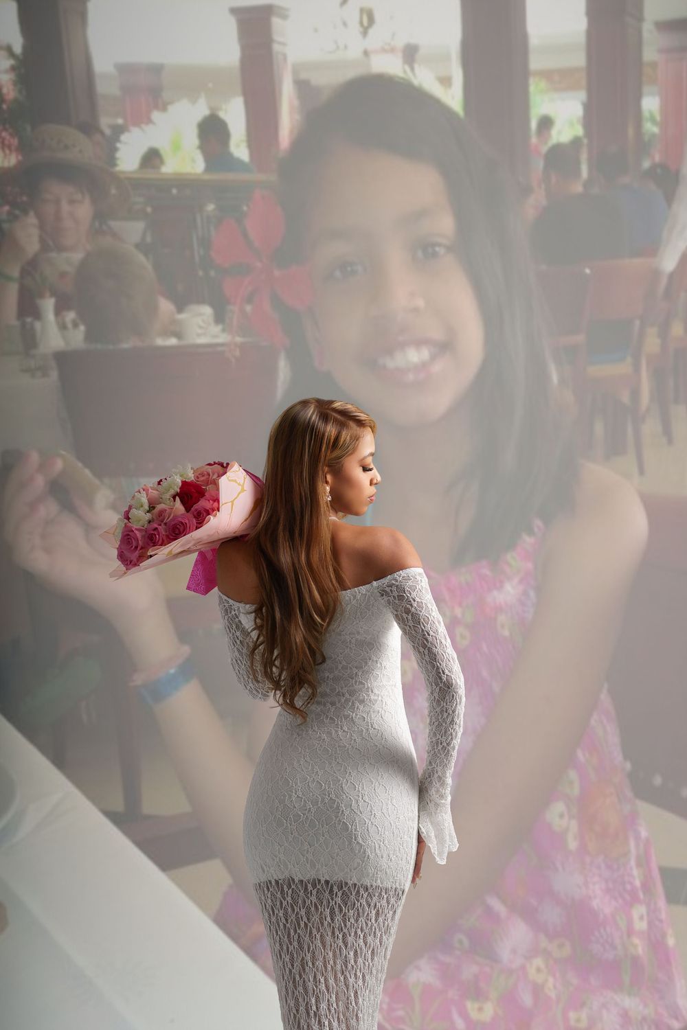 A woman in a fitted white lace dress poses elegantly with pink flowers against a dreamy double-exposure background.