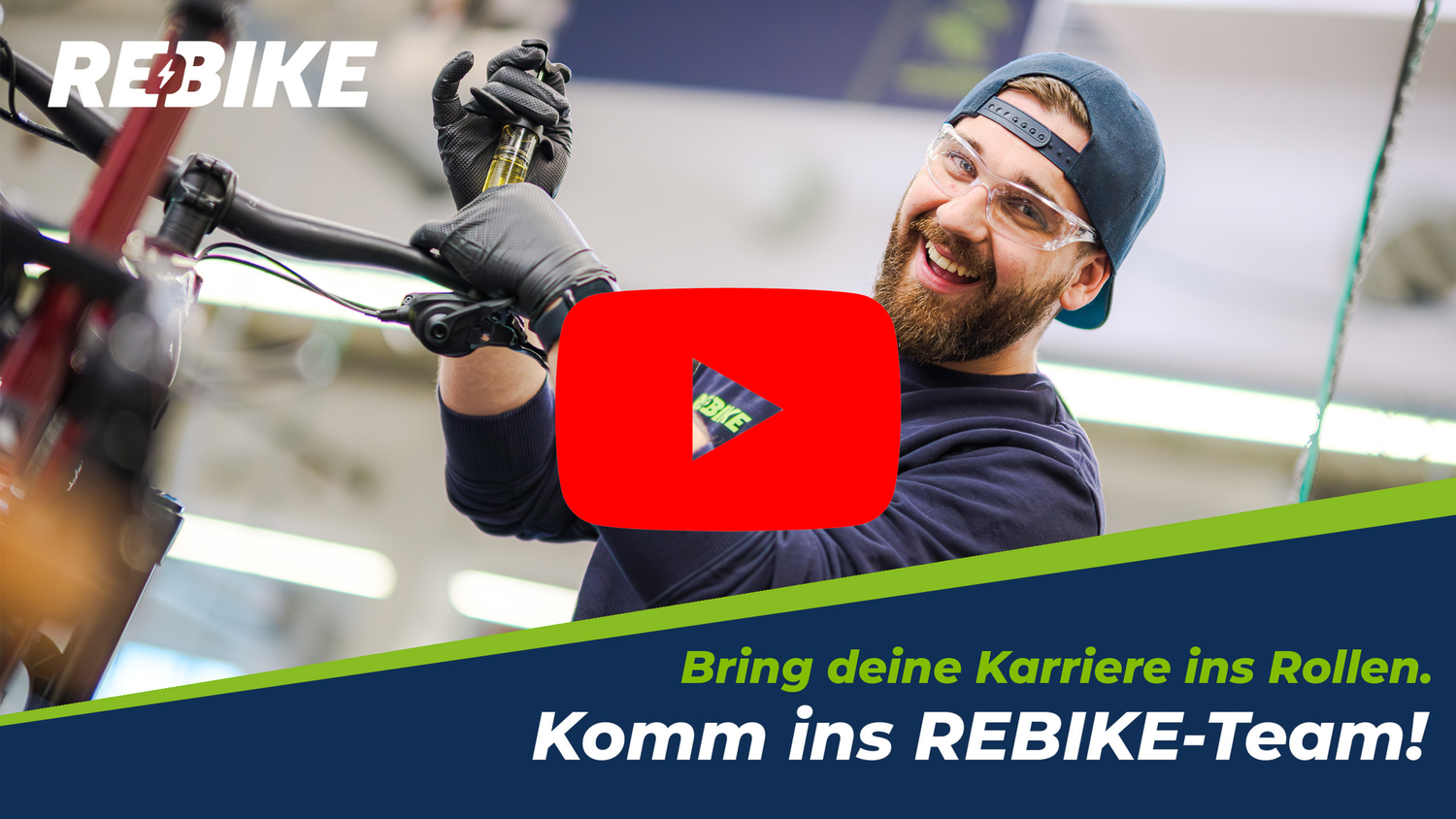 A collage of people working on electric bikes and cycling equipment in a bike shop with REBIKE branding.