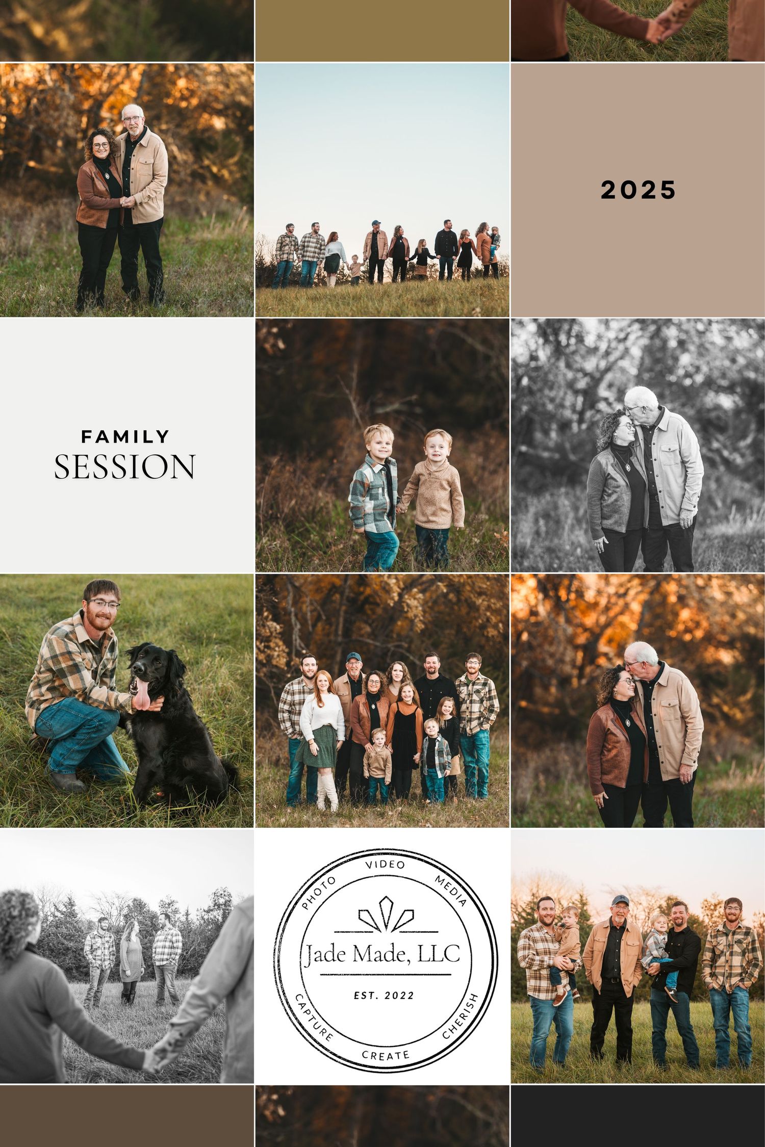 A series of outdoor family photo session images captured in warm autumn colors with natural lighting and rustic settings.