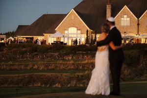A series of wedding photos showing a couple at sunset against a scenic golf course backdrop with coastal homes.