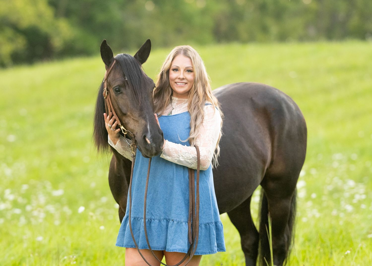 A series of photos showing someone in a blue dress posing with a dark horse in a sunny meadow with wildflowers.