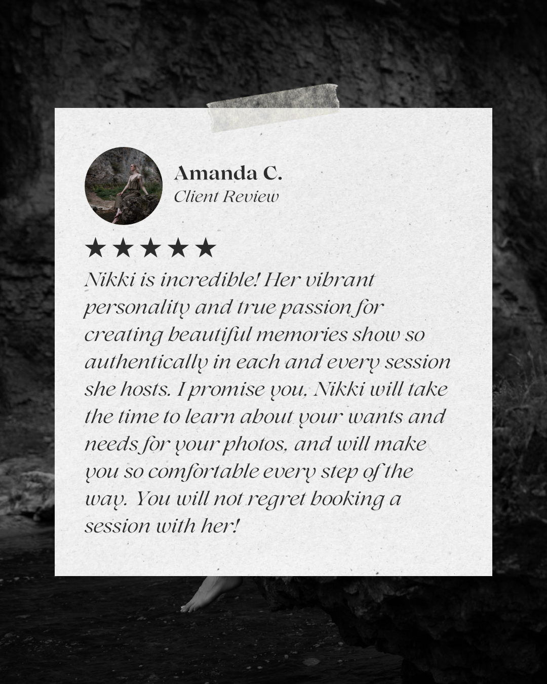 raving review left by a client about portrait photography services in Halton Hills, Ontario offered by Nicole Byers photography