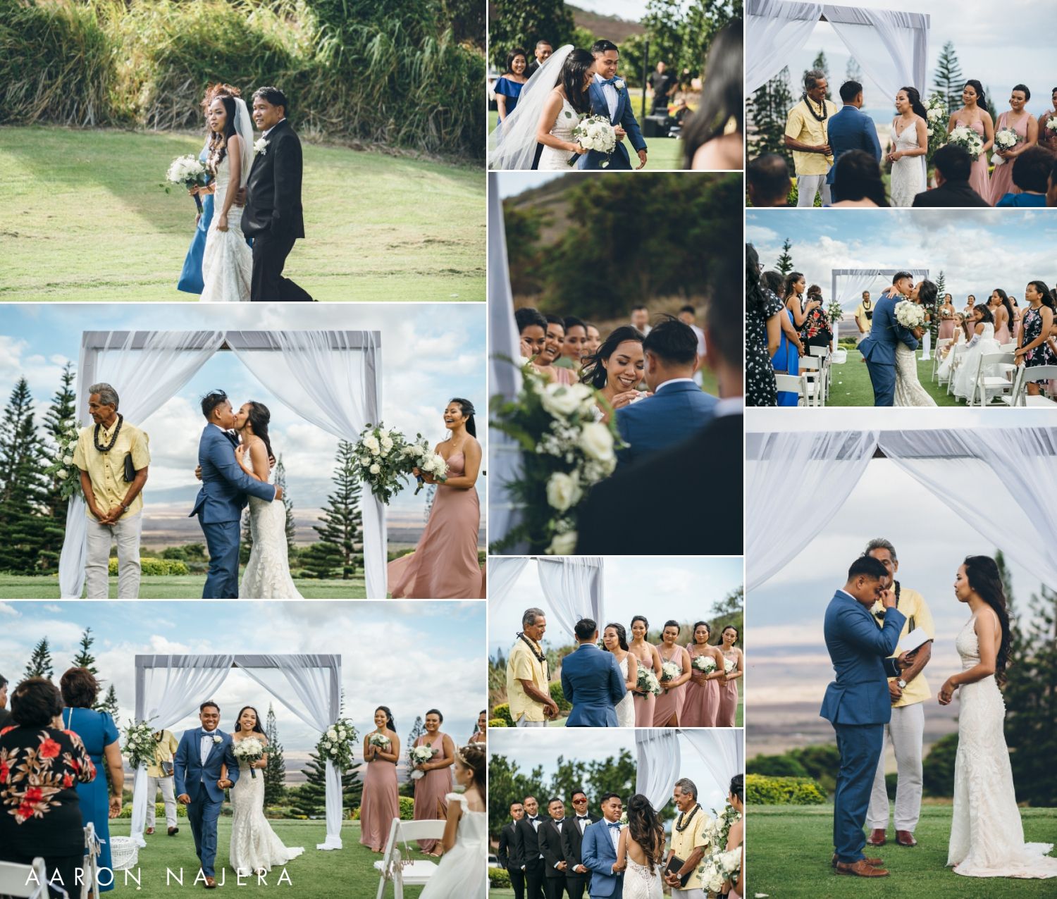 Collage of outdoor wedding ceremony moments showing various celebration scenes.