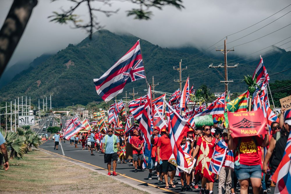Hawaiian flag-bearing protesters line both sides of mountain highway during demonstration.