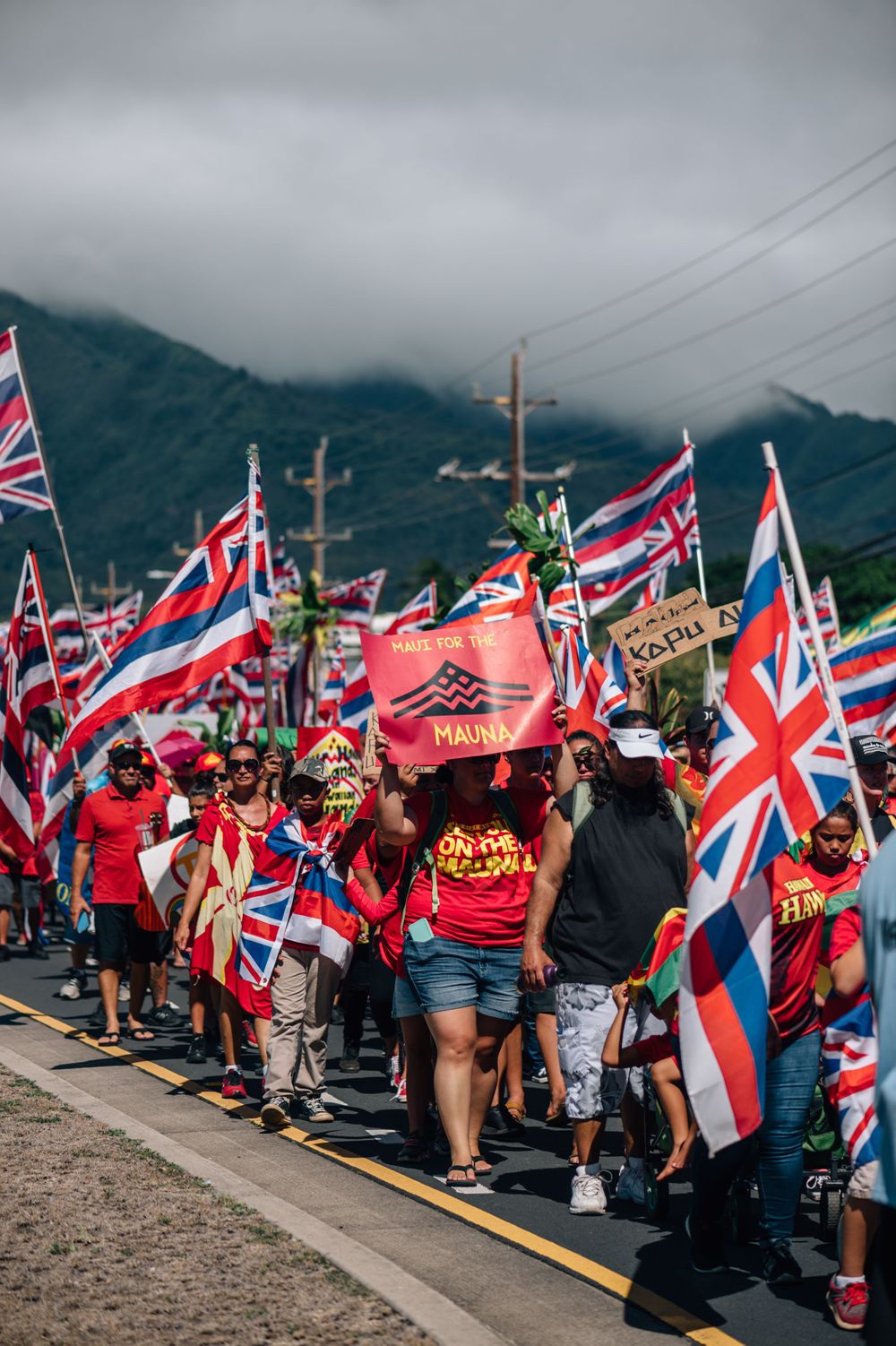 Demonstrators carrying Hawaiian state flags gather along roadside during protest event.