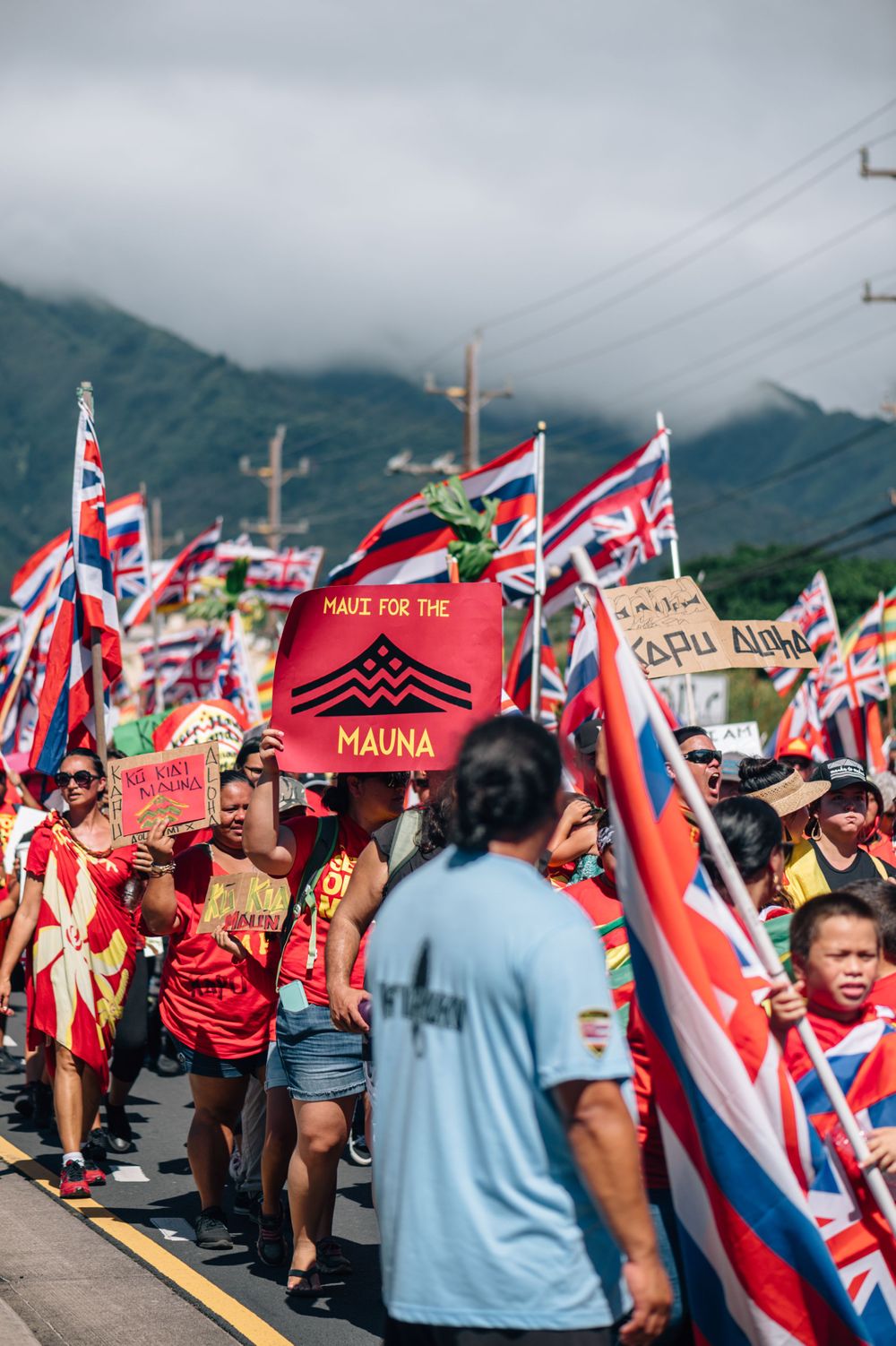 Crowd waves Hawaiian flags and holds protest signs during mountain road demonstration.