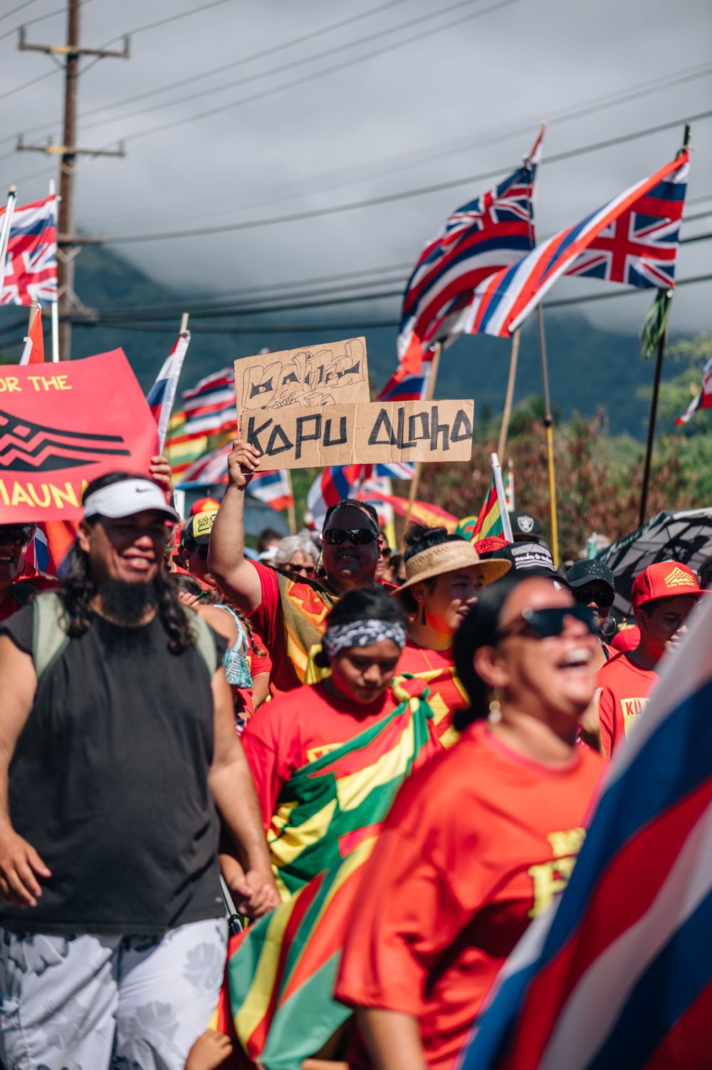 Protesters wave Hawaiian state flags and hold signs during a demonstration against development on a mountain.