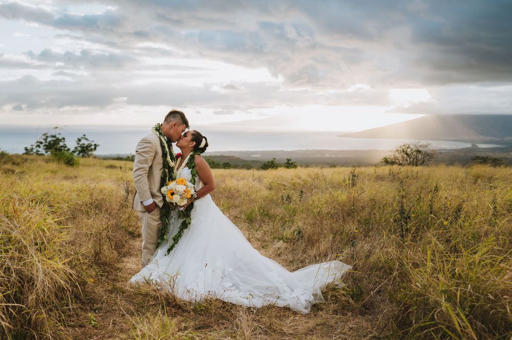 Romantic wedding portrait of couple in grassy field during golden hour.