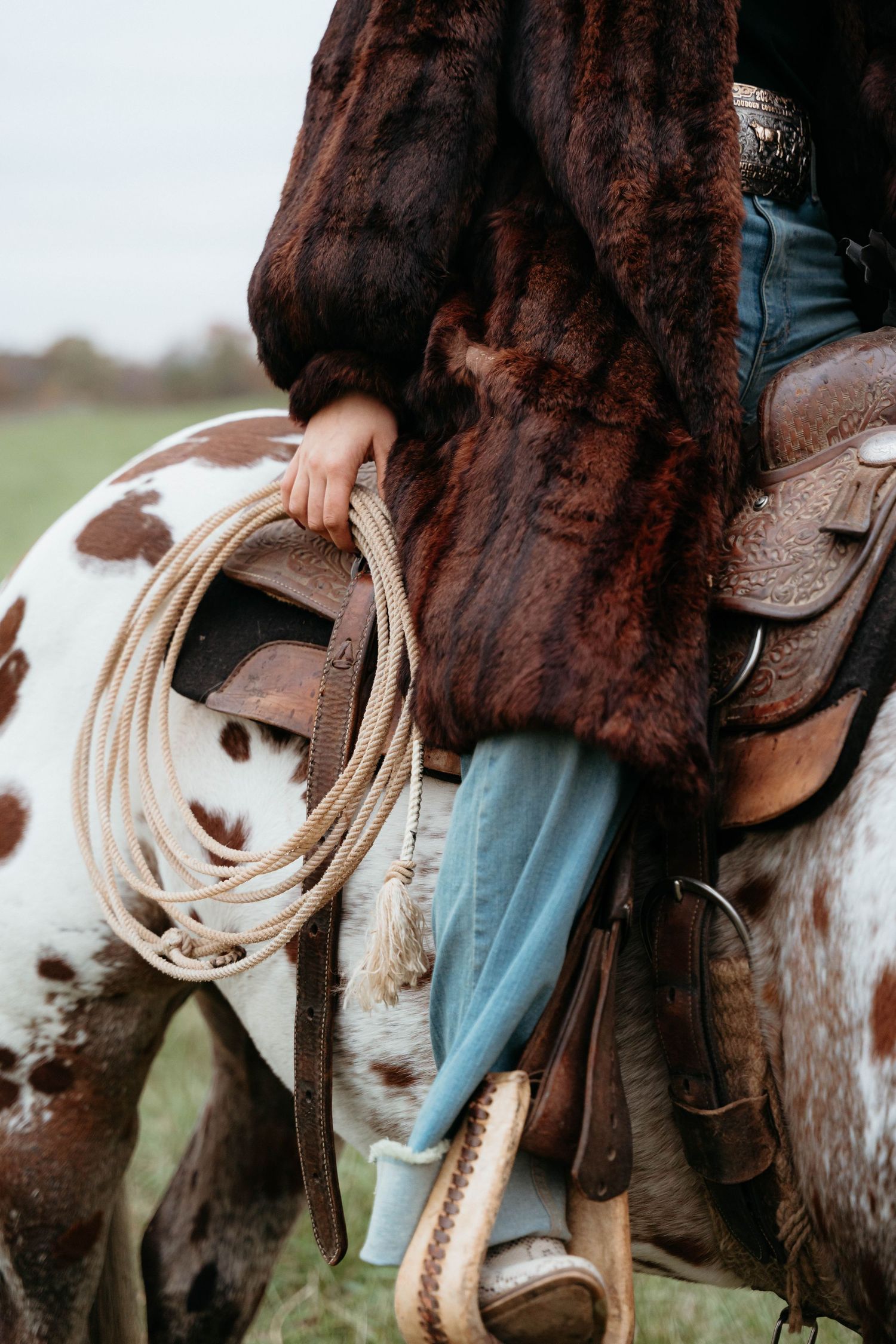 Close-up detail of western saddle and denim on spotted horse.