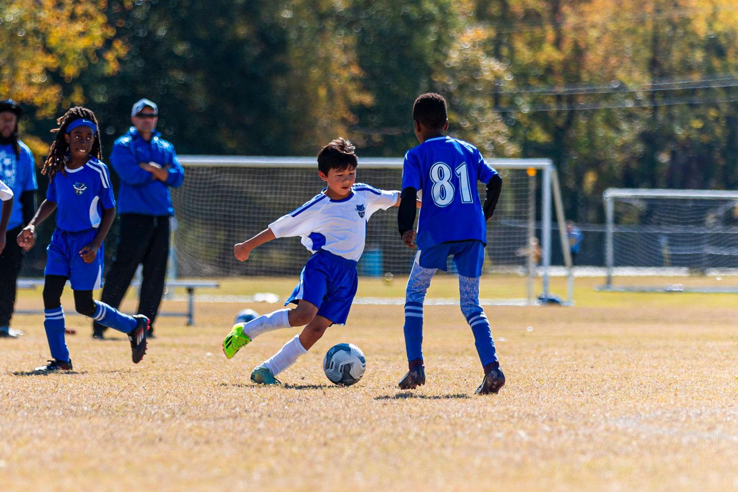 Youth soccer players in blue and white uniforms compete for the ball during a match on a sunny autumn day.