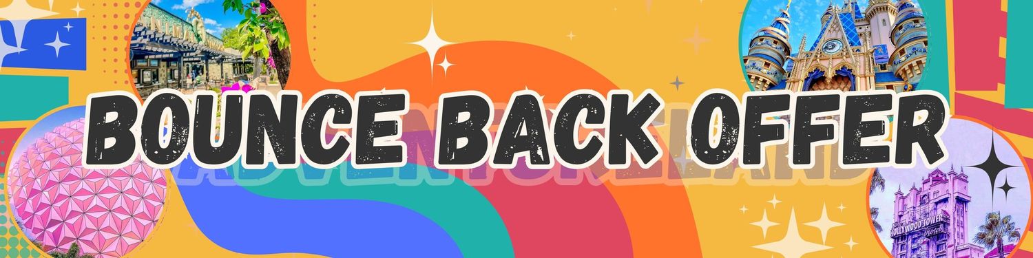 Colorful promotional banner for Disney Bounce Back offer with park icons.