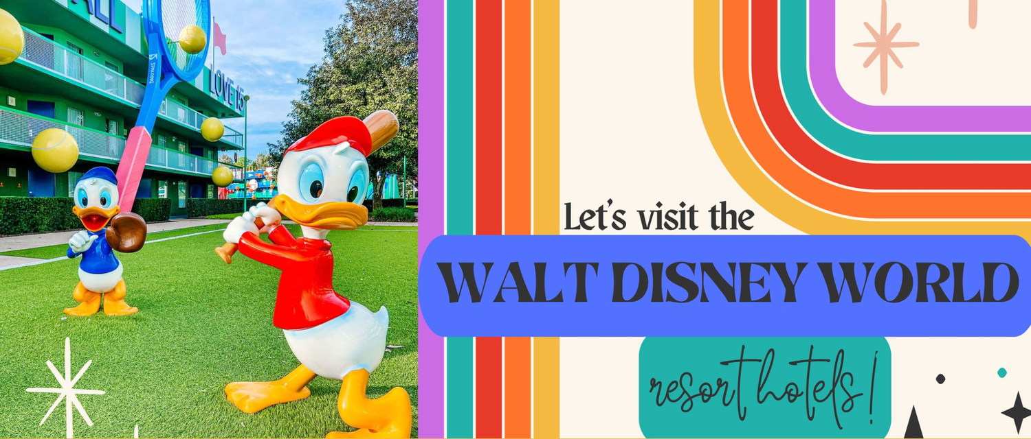 Donald Duck character statues outside colorful Walt Disney World resort hotel buildings on a sunny day.
