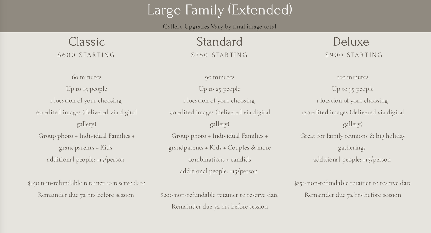 A pricing table for family photography sessions showing Mini, Standard, and Full package options with details and costs.