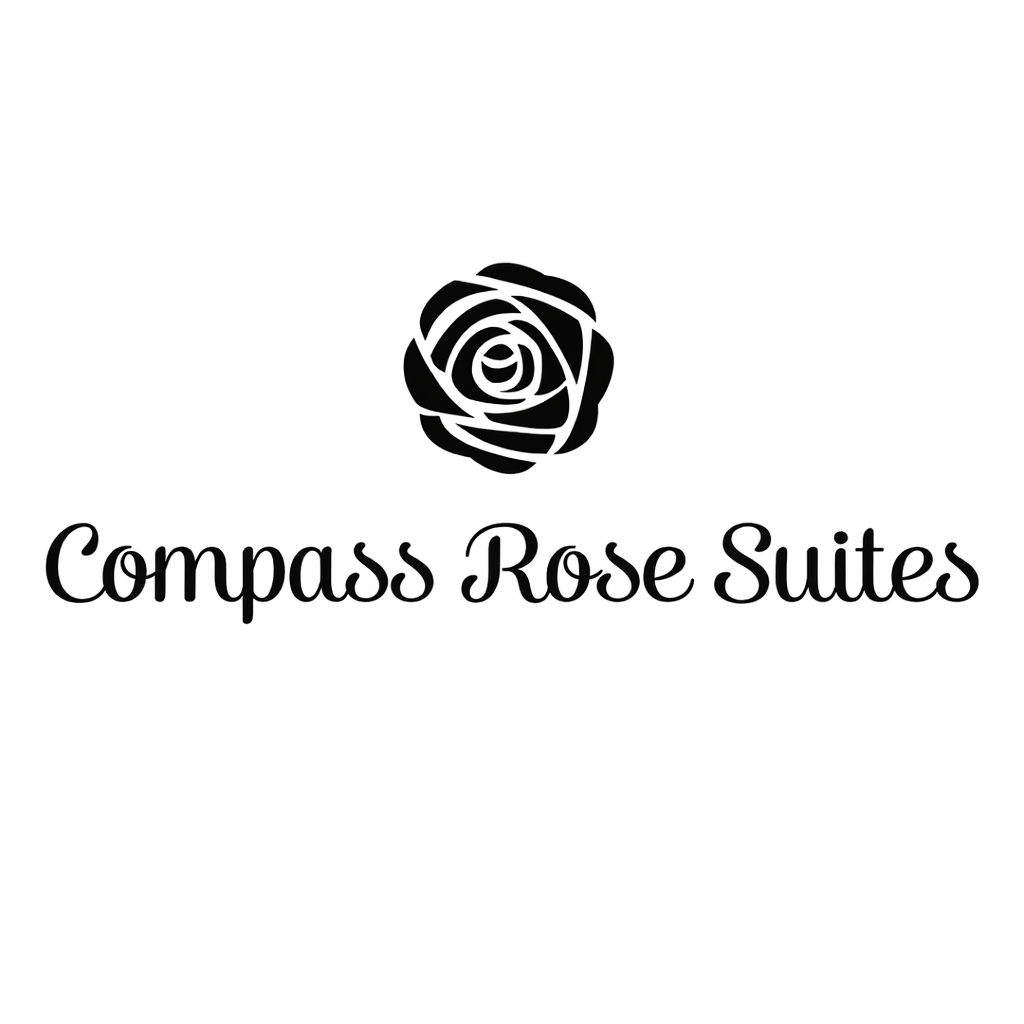 Elegant black and white logo design featuring rose icons and 'Compass Rose Suites' text.