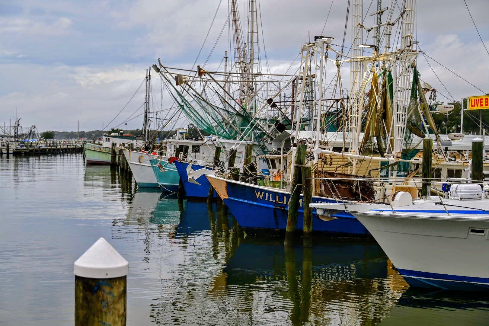 Gulf Coast shrimp boat fleet docked at Biloxi small craft harbor Mississippi with rigging and outriggers
