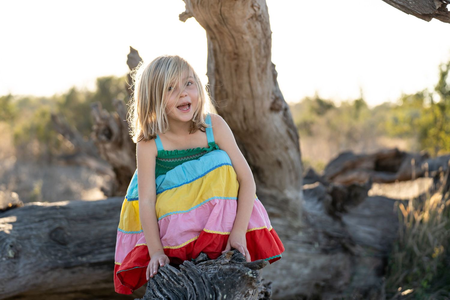 Child in colorful striped dress sits on fallen tree trunk in natural outdoor setting during golden hour.