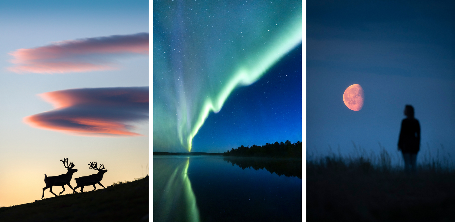 Vivid green northern lights aurora borealis dancing over snowy mountains reflected in water.