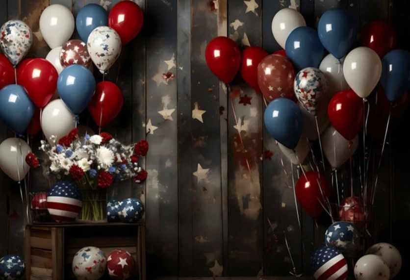 Patriotic red, white, and blue balloons with American flag decorations and star patterns for a festive Fourth of July celebration.