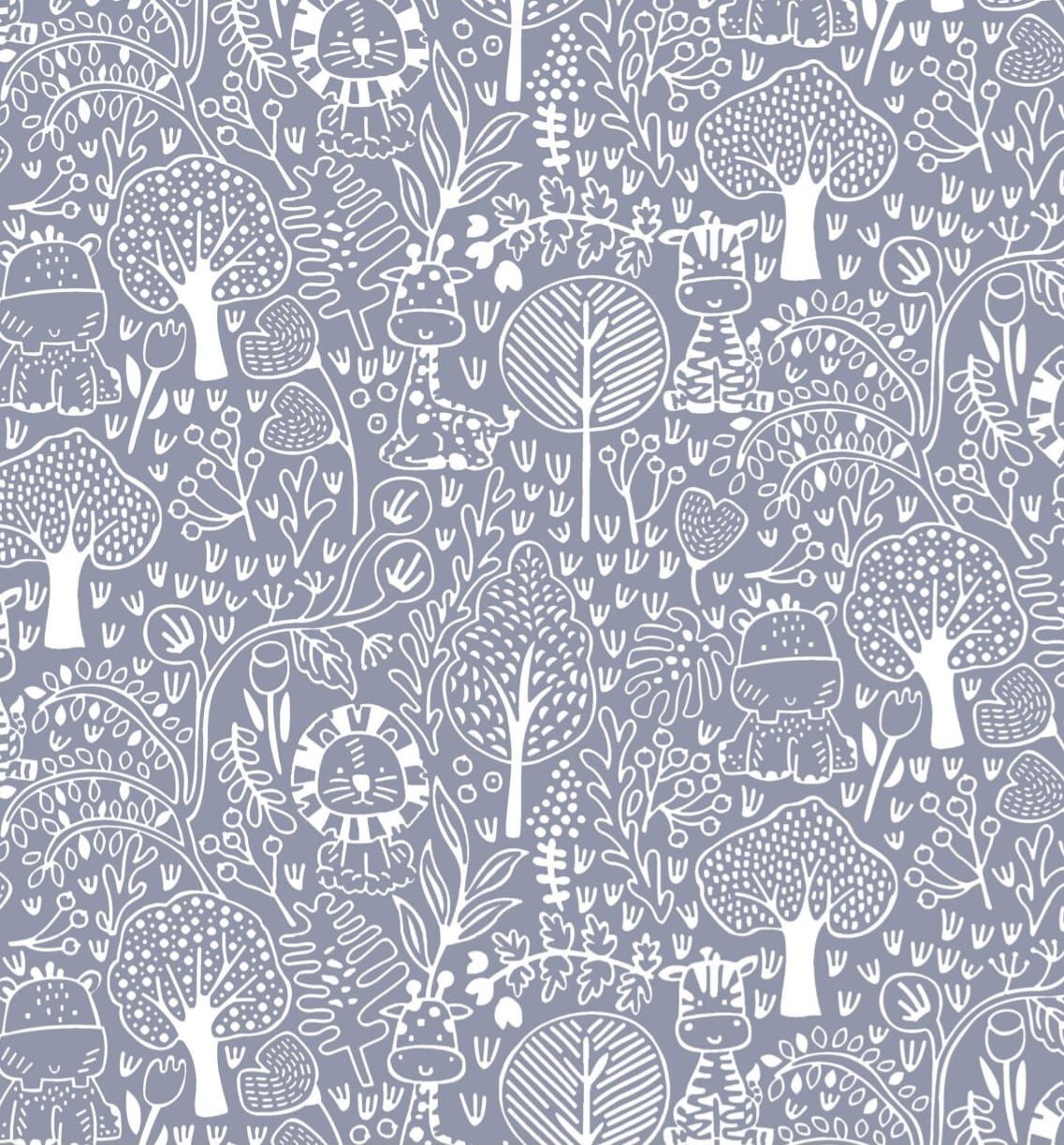 Blue-gray wallpaper with white illustrated jungle animals and trees in a whimsical Scandinavian folk art style.