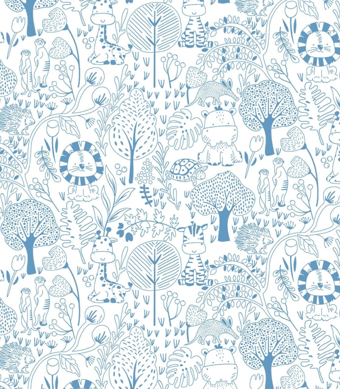 Blue and white jungle animals wallpaper featuring lions, giraffes, hippos, and trees in a playful pattern.
