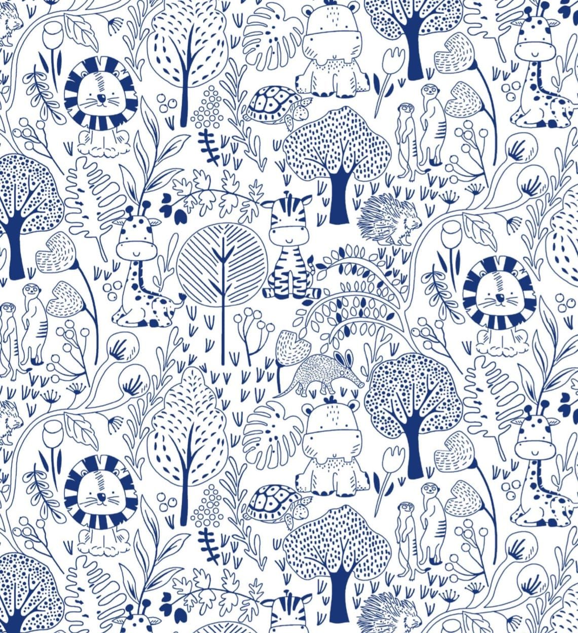 Blue and white illustrated pattern featuring jungle animals, lions, giraffes, hippos, and trees in a whimsical doodle style.