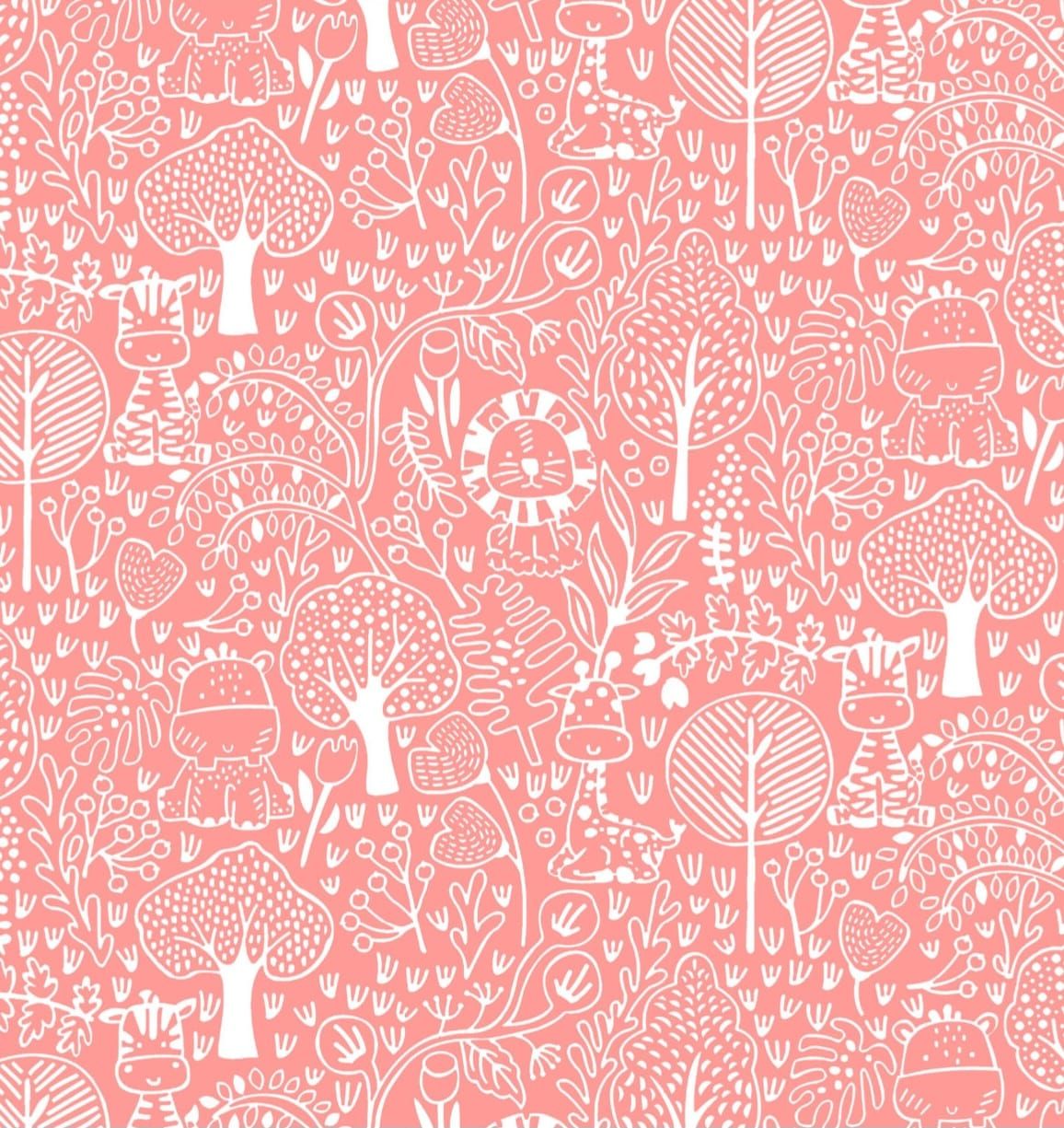 Pink coral fabric with white woodland animals and trees pattern, featuring lions, tigers, and forest creatures in a dense repeat design.
