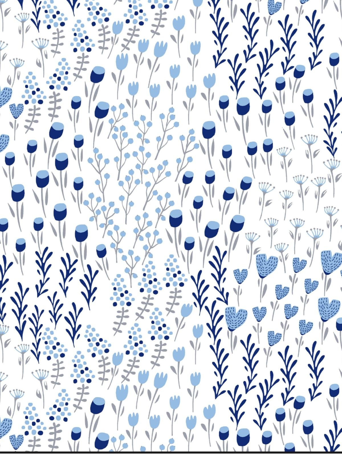 Blue and white floral pattern with delicate wildflowers, tulips, and botanical stems in navy and light blue tones.